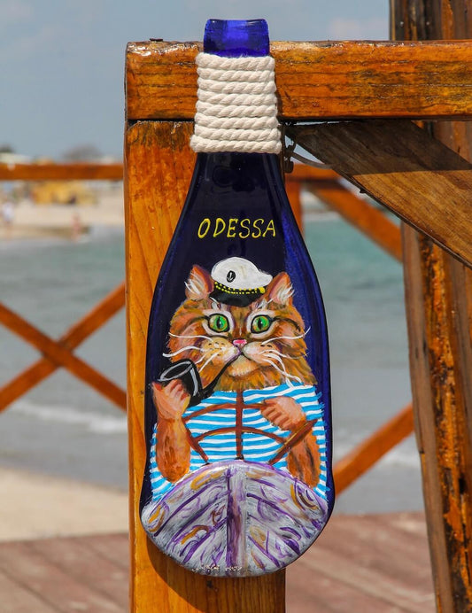 Fused Bottle with the Cat Captain Glass Wall Art - Handmade, Personalized Hanging Gift, Interior Decor