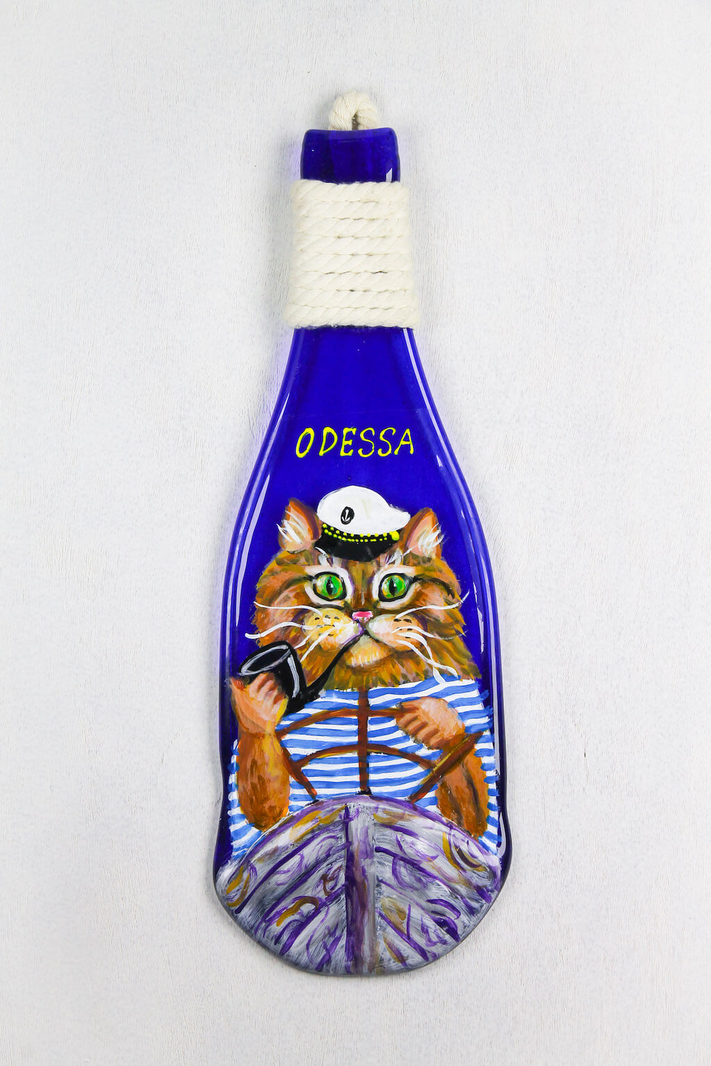 Fused Bottle with the Cat Captain Glass Wall Art - Handmade, Personalized Hanging Gift, Interior Decor