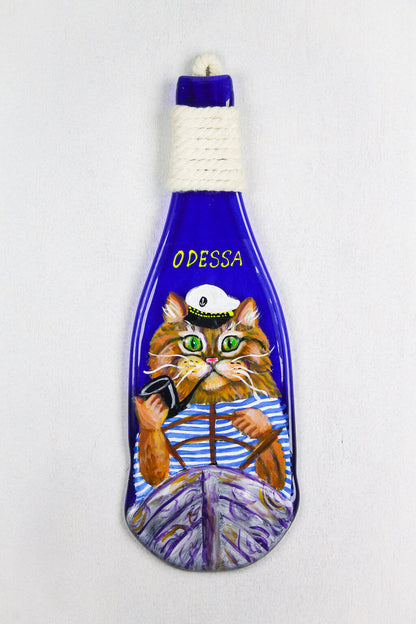 Fused Bottle with the Cat Captain Glass Wall Art - Handmade, Personalized Hanging Gift, Interior Decor