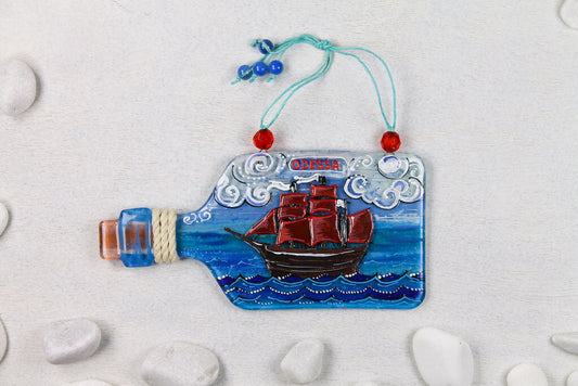 Bottle with Sailboat Glass Wall Art - Handmade, Personalized Hanging Gift, Blue, Interior Decor