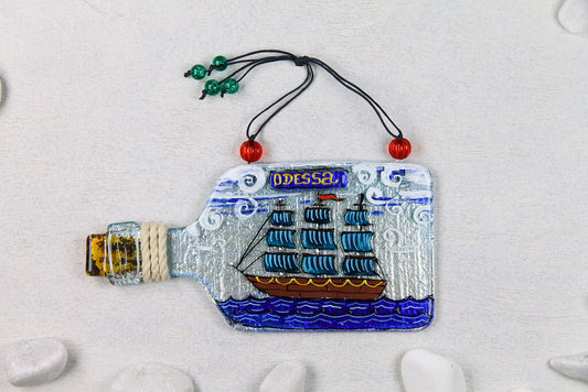 Bottle with Sailboat Glass Wall Art - Handmade, Personalized Hanging Gift, Clear, Interior Decor