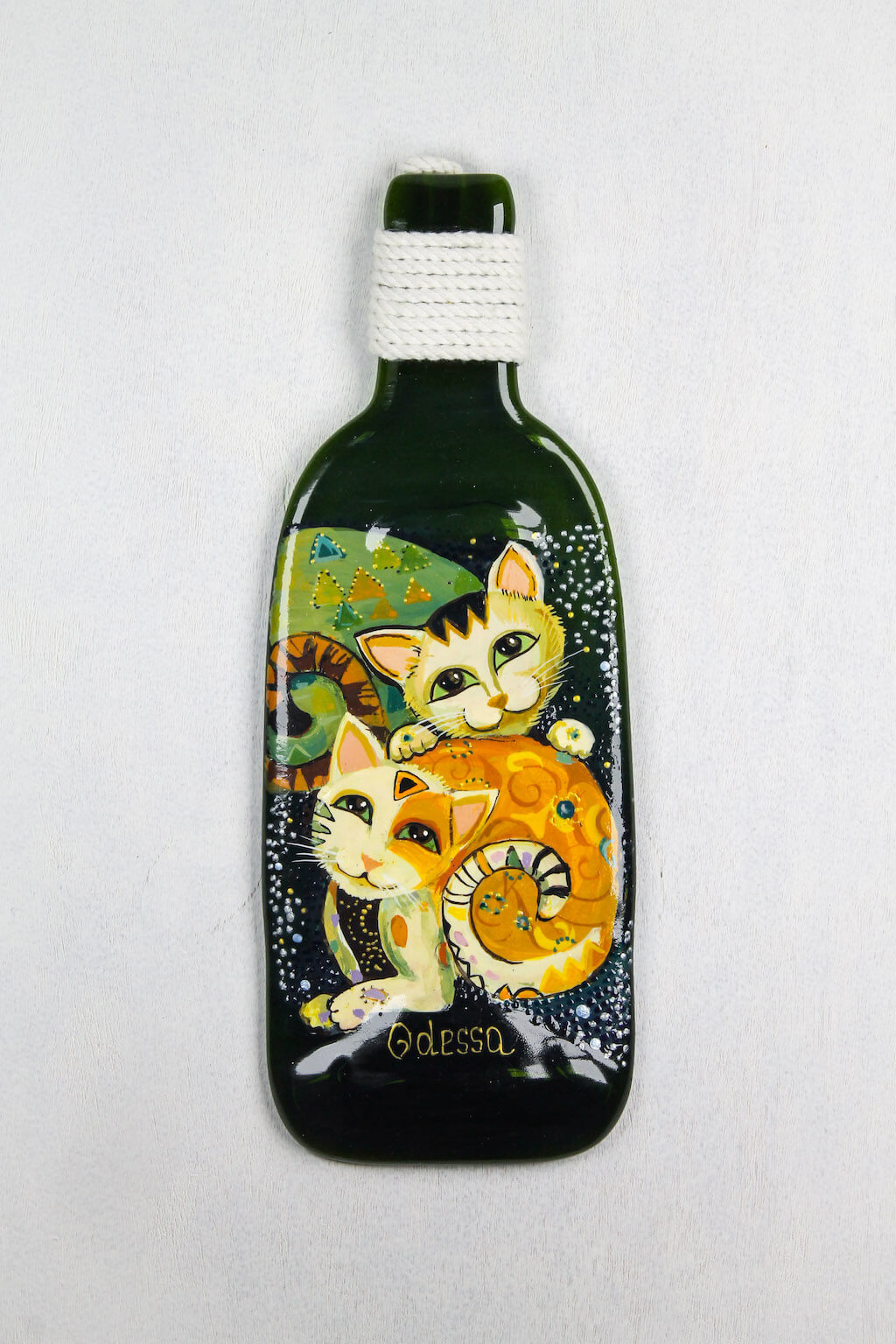 Fused Bottle with the Pair of Playful Kittens Glass Wall Art - Handmade, Personalized Hanging Gift, Interior Decor