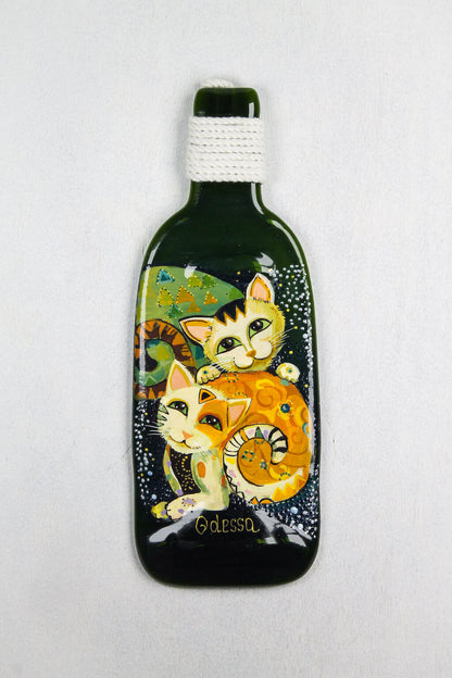 Fused Bottle with the Pair of Playful Kittens Glass Wall Art - Handmade, Personalized Hanging Gift, Interior Decor