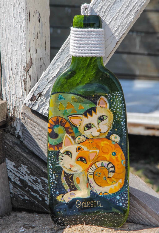 Fused Bottle with the Pair of Playful Kittens Glass Wall Art - Handmade, Personalized Hanging Gift, Interior Decor