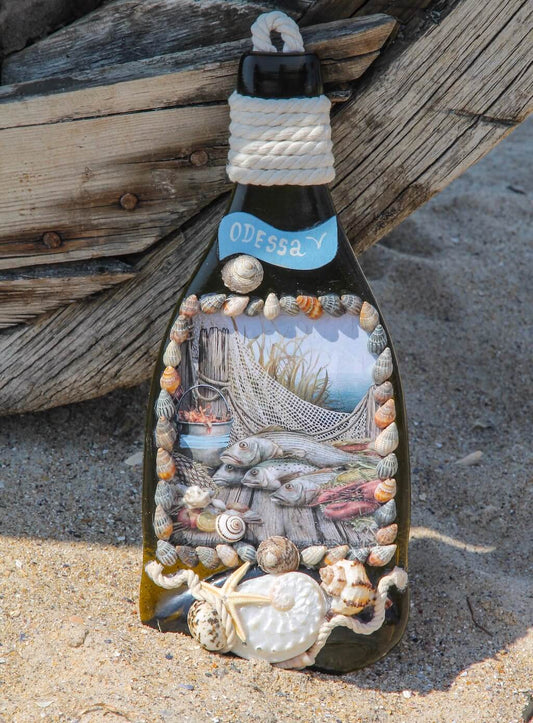 Fused Bottle with Sea Catch Glass Wall Art - Handmade, Personalized Hanging Gift, Interior Decor