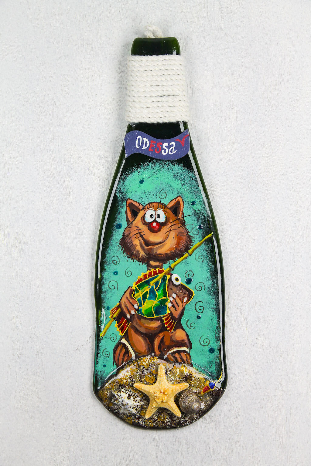 Fused Bottle with Cat Fishermen Glass Wall Art - Handmade, Personalized Hanging Gift, Interior Decor