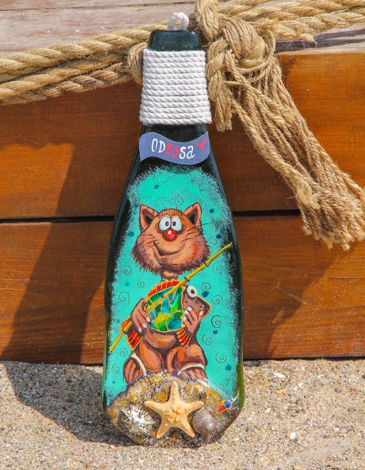 Fused Bottle with Cat Fishermen Glass Wall Art - Handmade, Personalized Hanging Gift, Interior Decor