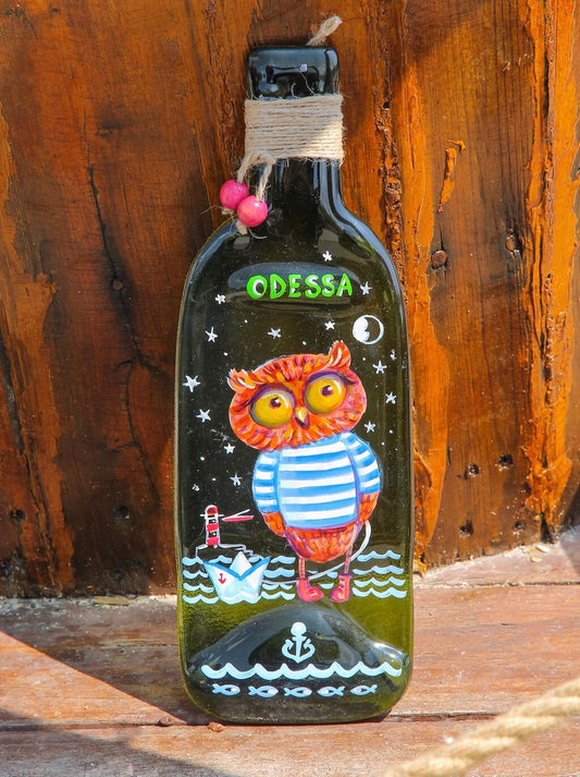 Fused Bottle with Sailor Owl Glass Wall Art - Handmade, Personalized Hanging Gift, Interior Decor