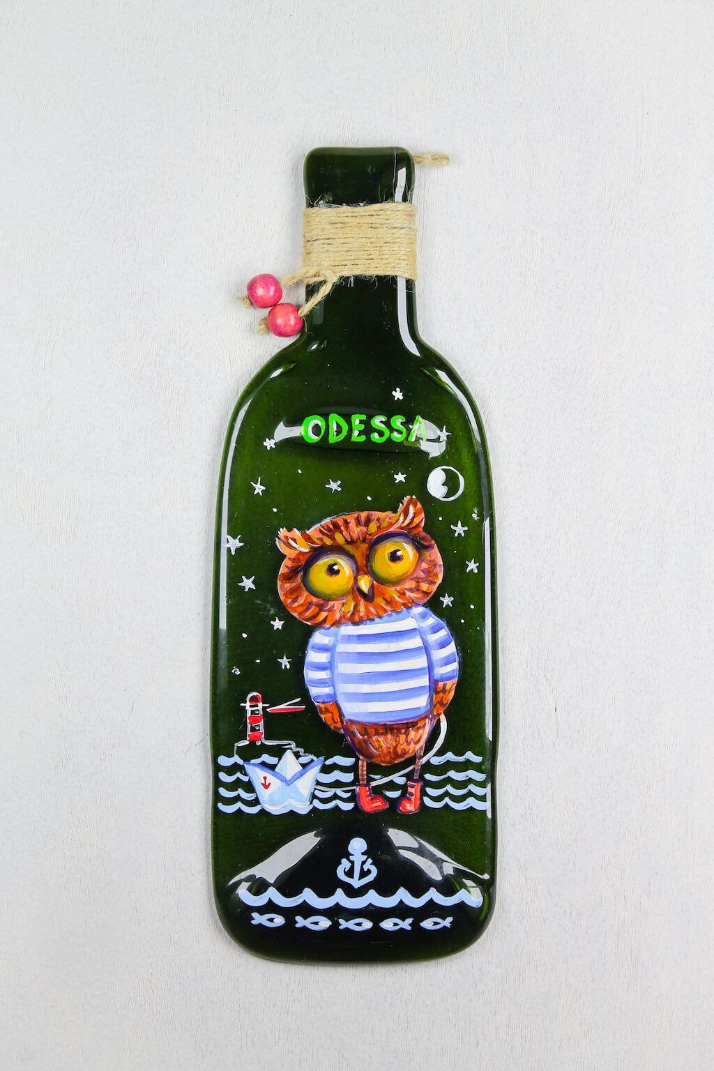 Fused Bottle with Sailor Owl Glass Wall Art - Handmade, Personalized Hanging Gift, Interior Decor