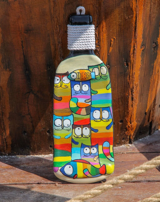 Fused Bottle with Colorful Cats Glass Wall Art - Handmade, Personalized Hanging Gift, Interior Decor