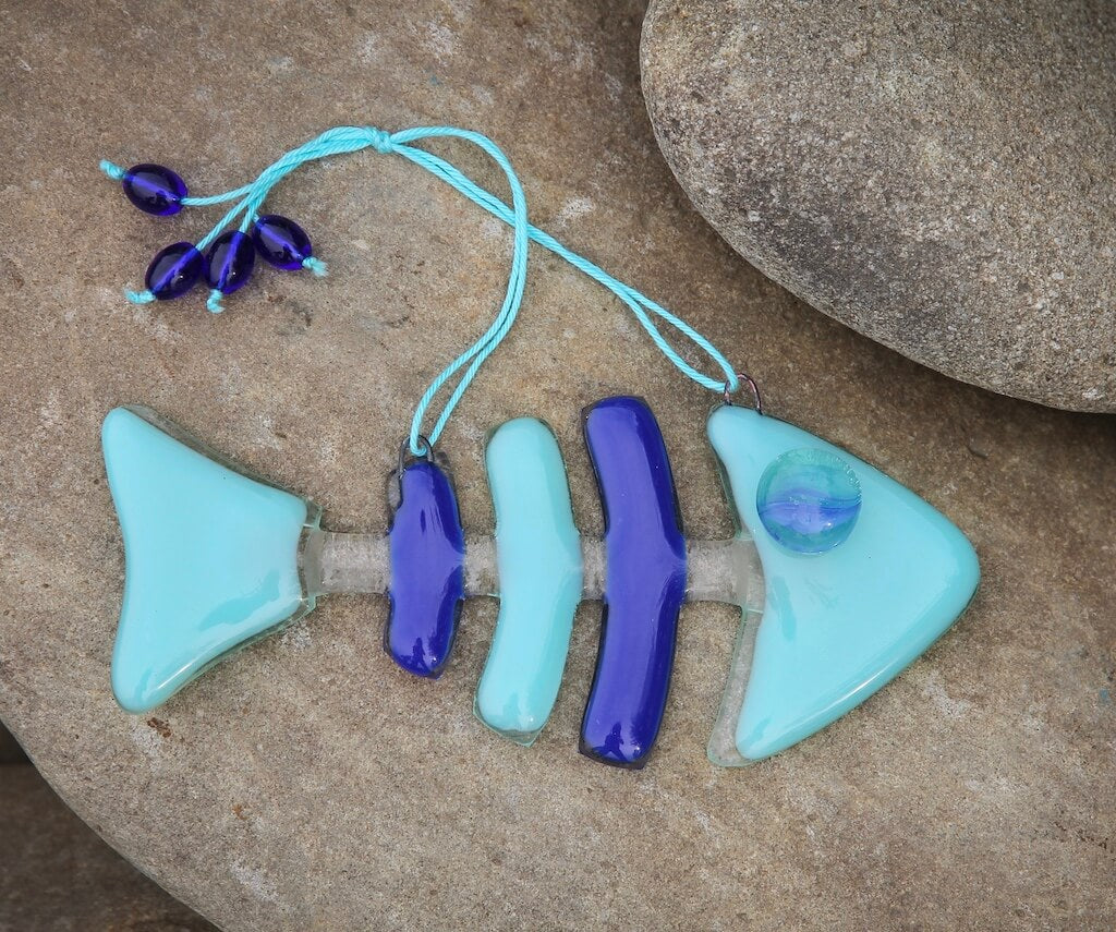 Fish Skeleton Glass Wall Art - Handmade, Personalized Hanging Gift, Ice Blue