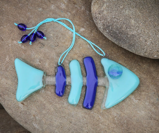 Fish Skeleton Glass Wall Art - Handmade, Personalized Hanging Gift, Ice Blue