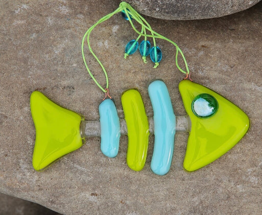 Fish Skeleton Glass Wall Art - Handmade, Personalized Hanging Gift, Lime Green