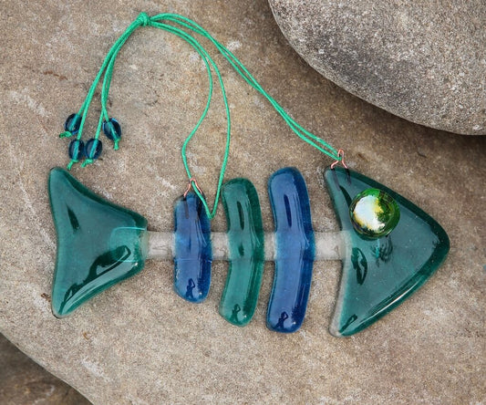 Fish Skeleton Glass Wall Art - Handmade, Personalized Hanging Gift, Ice Green