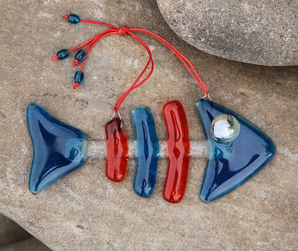 Fish Skeleton Glass Wall Art - Handmade, Personalized Hanging Gift, Blue