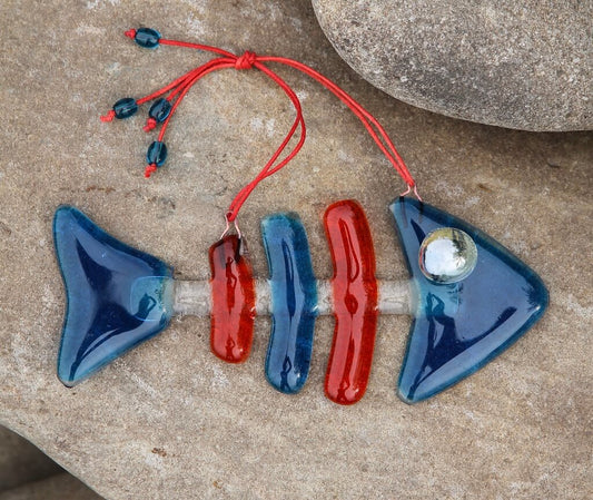 Fish Skeleton Glass Wall Art - Handmade, Personalized Hanging Gift, Blue