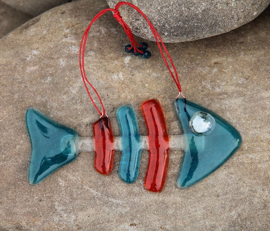 Fish Skeleton Glass Wall Art - Handmade, Personalized Hanging Gift, Green & Red