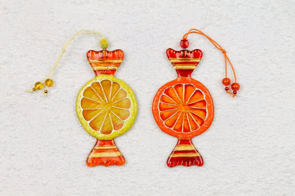 Lemon Candy and Orange Candy Glass Wall Art - Handmade Personalized Gift, 12 cm.