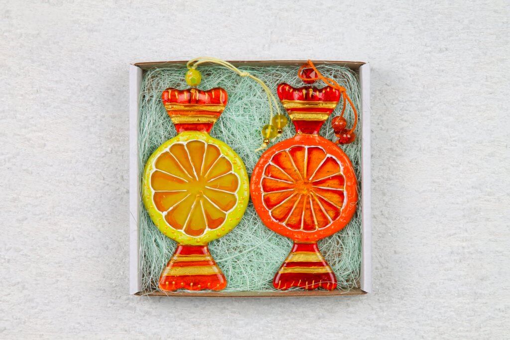 Lemon Candy and Orange Candy Glass Wall Art - Handmade Personalized Gift, 12 cm.