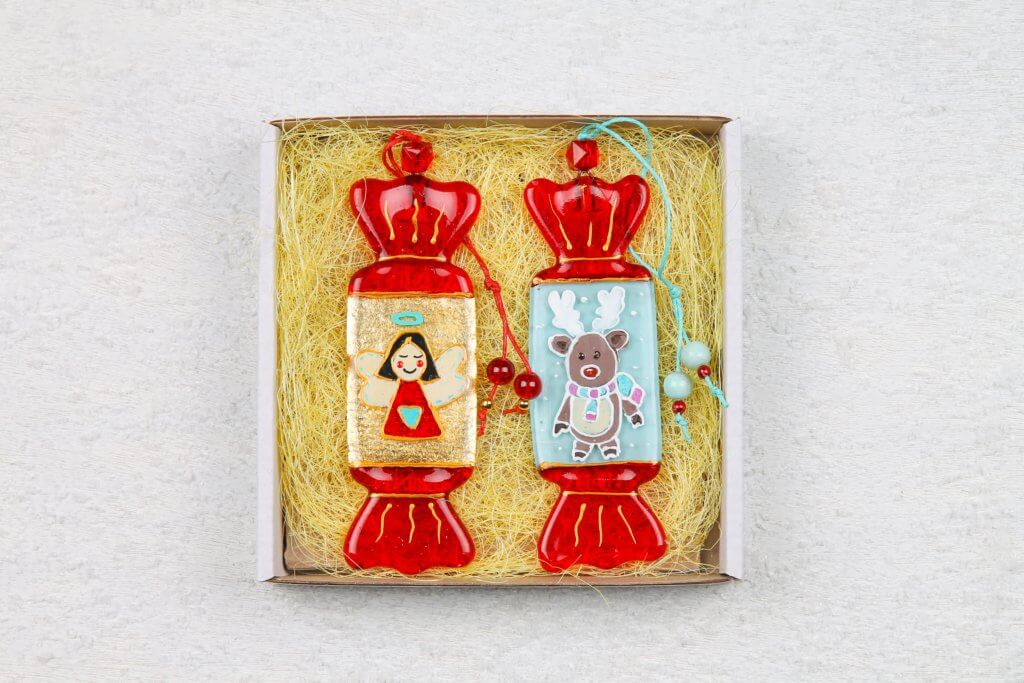 Whimsical Candy with Angel and Elk Glass Wall Art - 12 cm - Handmade Personalized Gift